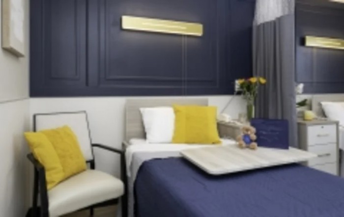 A modern, stylish bedroom with a blue and yellow color scheme featuring a bed with contemporary decor.