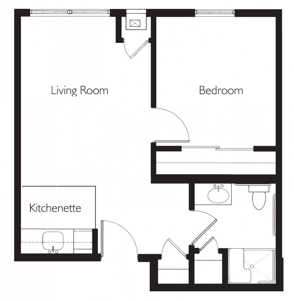 A simple floor plan of a small apartment featuring a living room, bedroom, bathroom, and kitchenette.