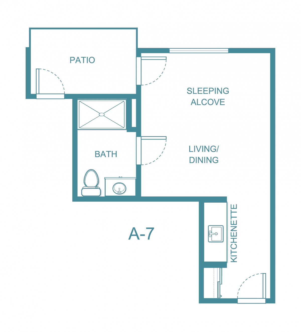 Studio apartment floor plan with a sleeping alcove, living/dining area, kitchenette, bathroom, and patio.