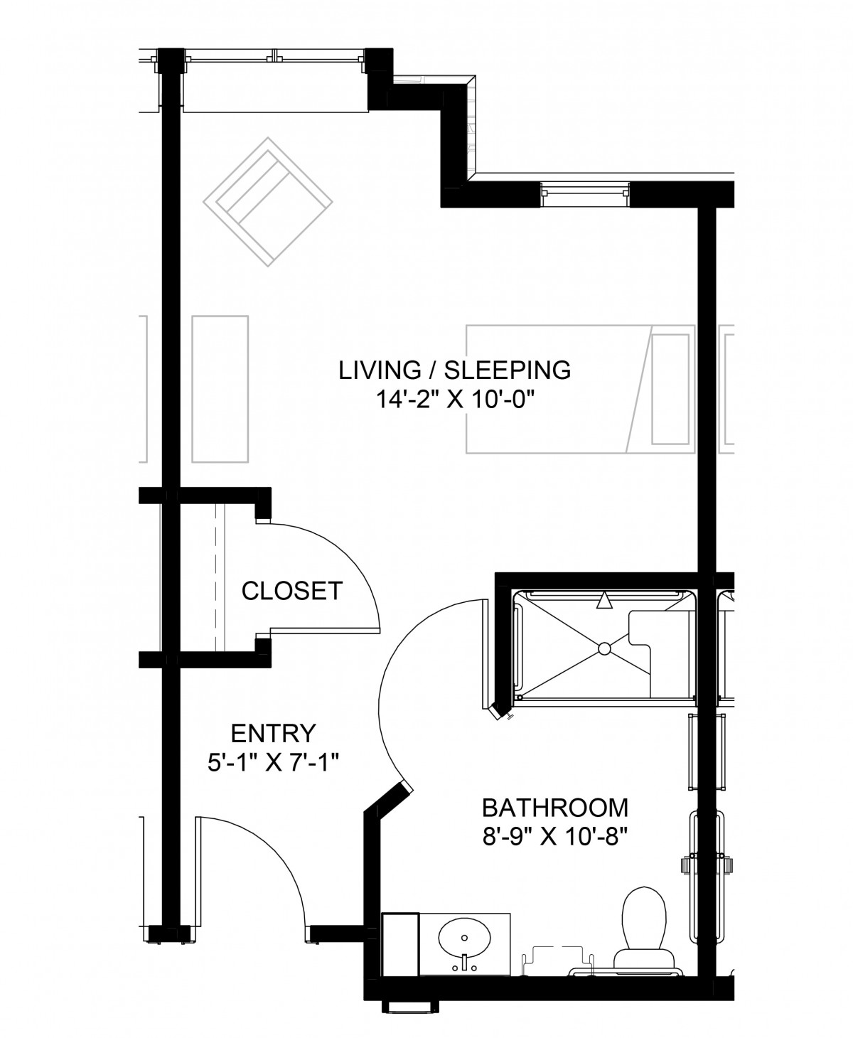Studio apartment floor plan with living/sleeping area, bathroom, closet, and entryway.