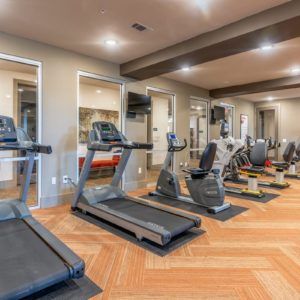 A well-equipped gym with multiple treadmills and exercise machines.