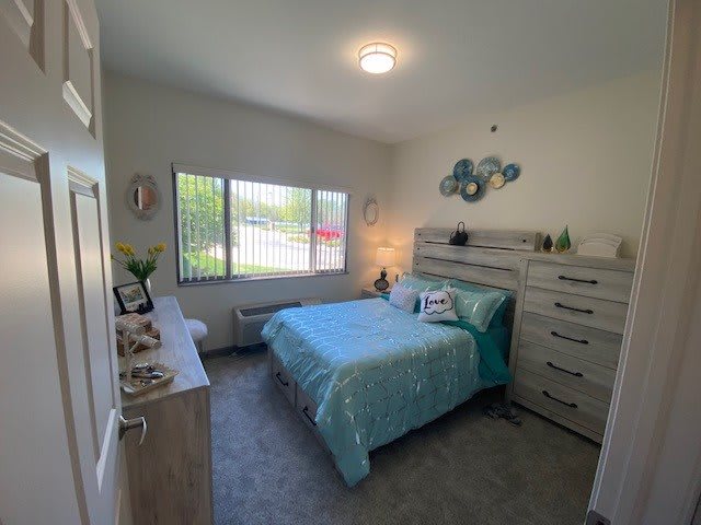A modern bedroom with a blue-themed decor, featuring a bed, dresser, and ample natural light from the window.