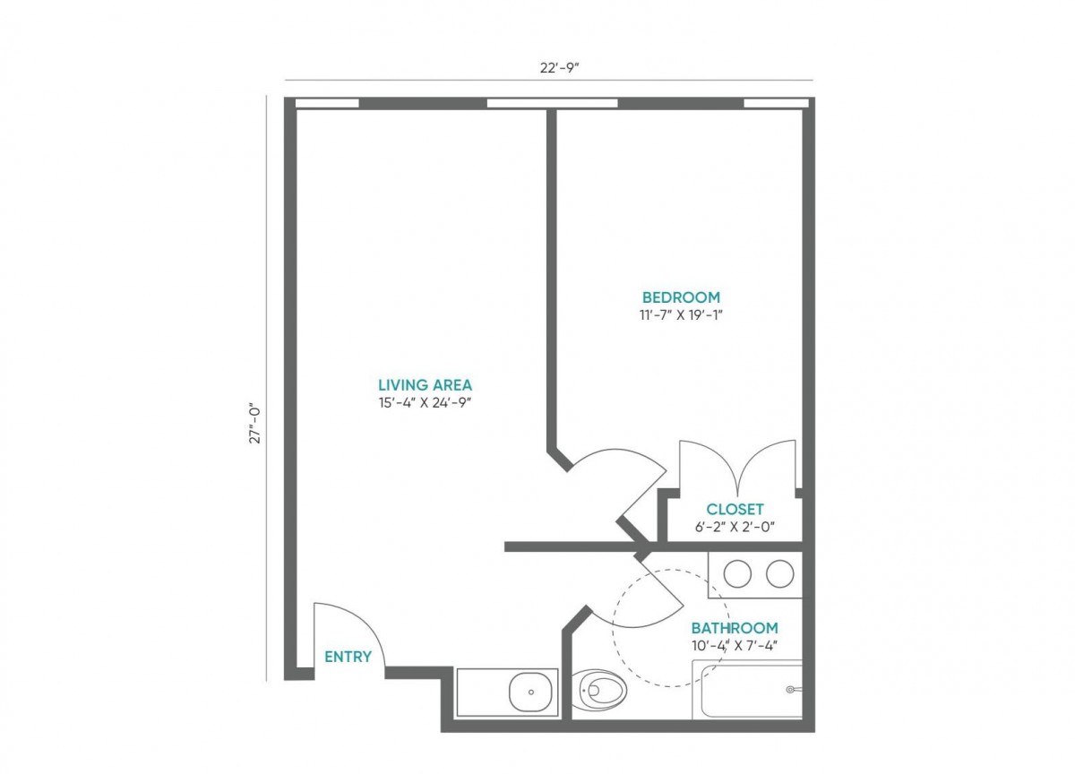 A simple floor plan showing the layout of a small apartment with designated areas for living, sleeping, and storage.