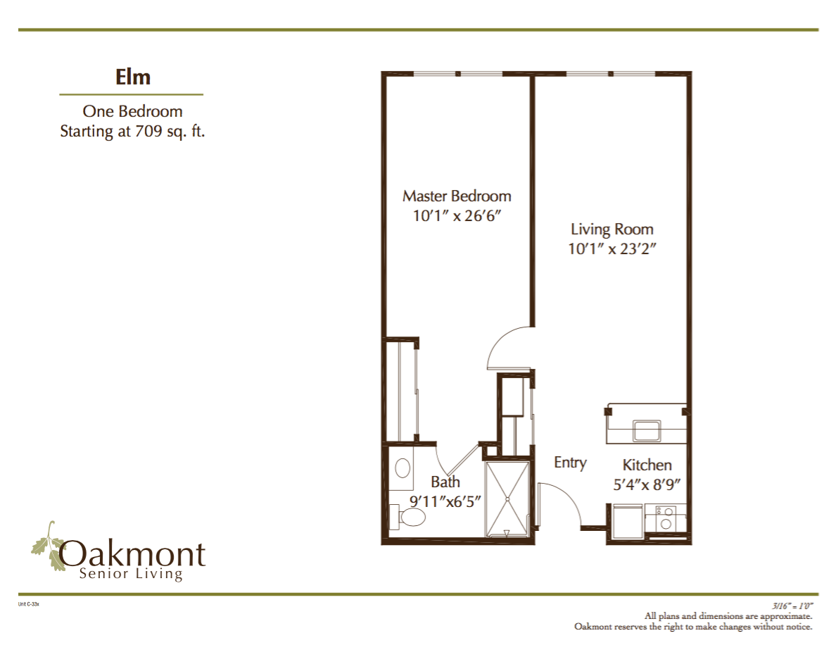 Floor plan of a one-bedroom apartment with designated areas for the kitchen, living room, and bathroom.