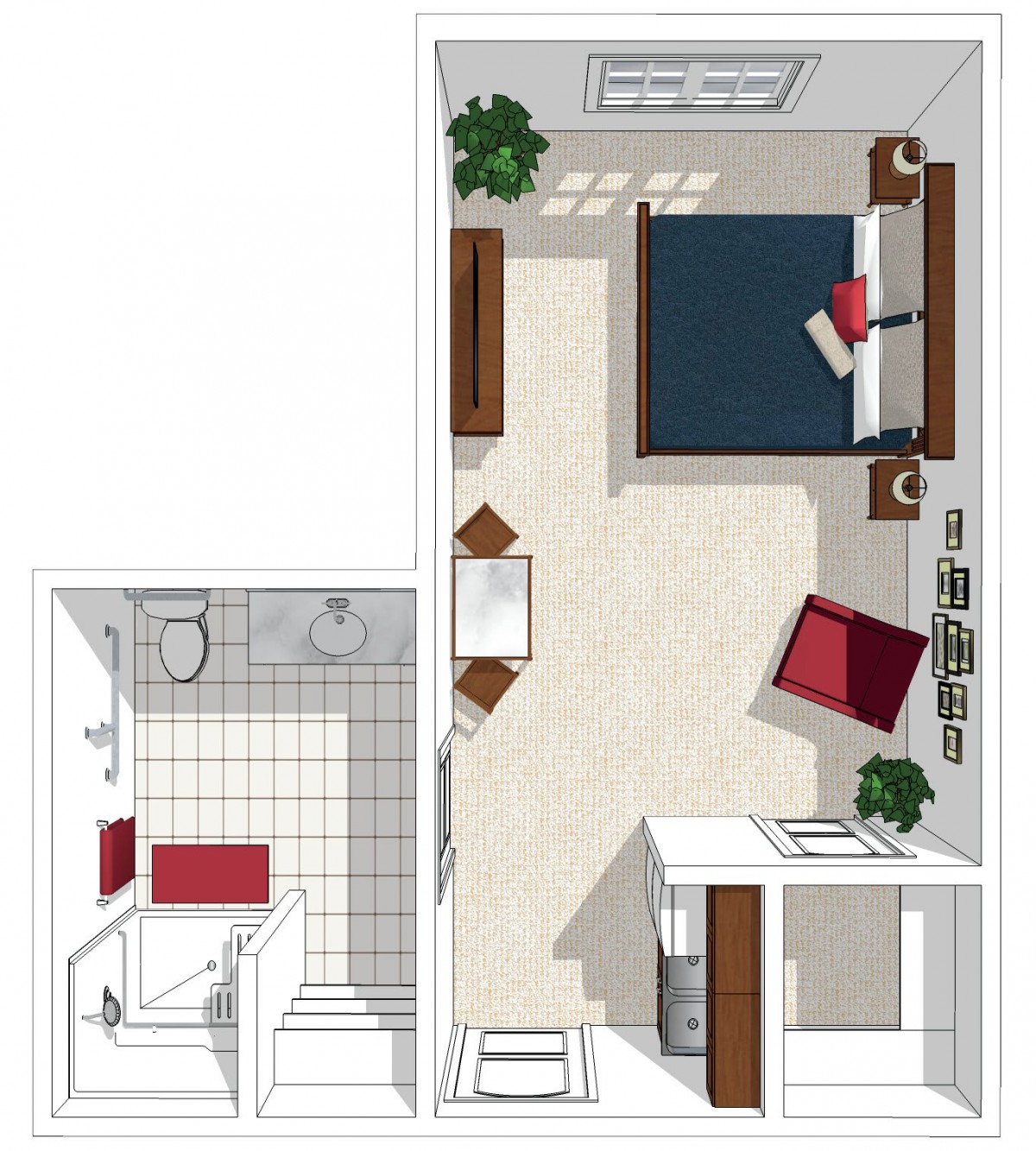 A 3D floor plan of a bedroom and bathroom featuring furniture and interior design elements.