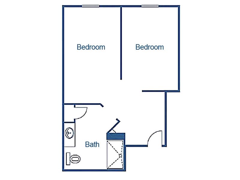 A simple floor plan depicting an apartment with two bedrooms and one bathroom.