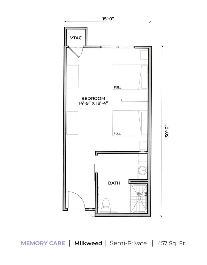 A simple architectural floor plan showing a bedroom and bathroom layout.