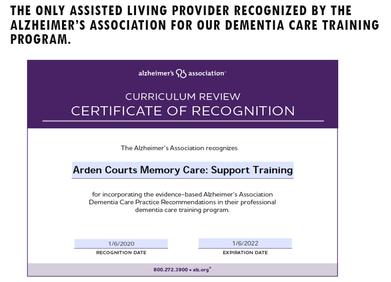 Certificate of Recognition awarded to Arden Courts Memory Care for their dementia care training program by the Alzheimer's Association.