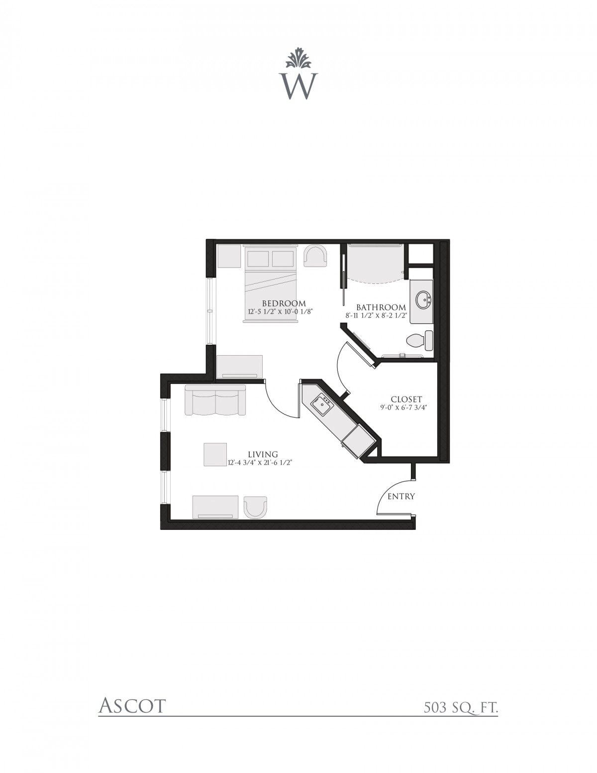 A floor plan of a small apartment featuring one bedroom, a bathroom, and an open living area.