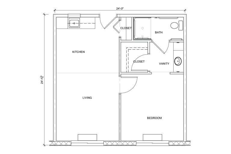 A basic floor plan showing the layout of a small apartment with labeled rooms.