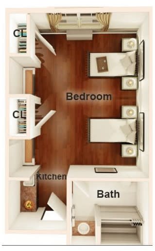 A floor plan layout of a small apartment featuring a bedroom, kitchen, and bathroom.
