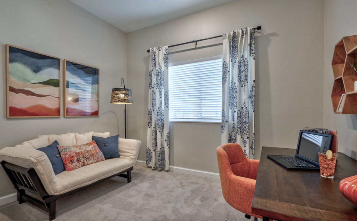 Cozy living room with a sofa, desk chair, and decorative curtains.