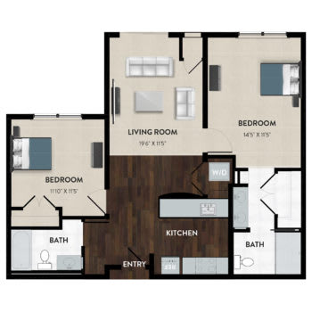 Floor plan of a two-bedroom apartment with living room, kitchen, and two bathrooms.