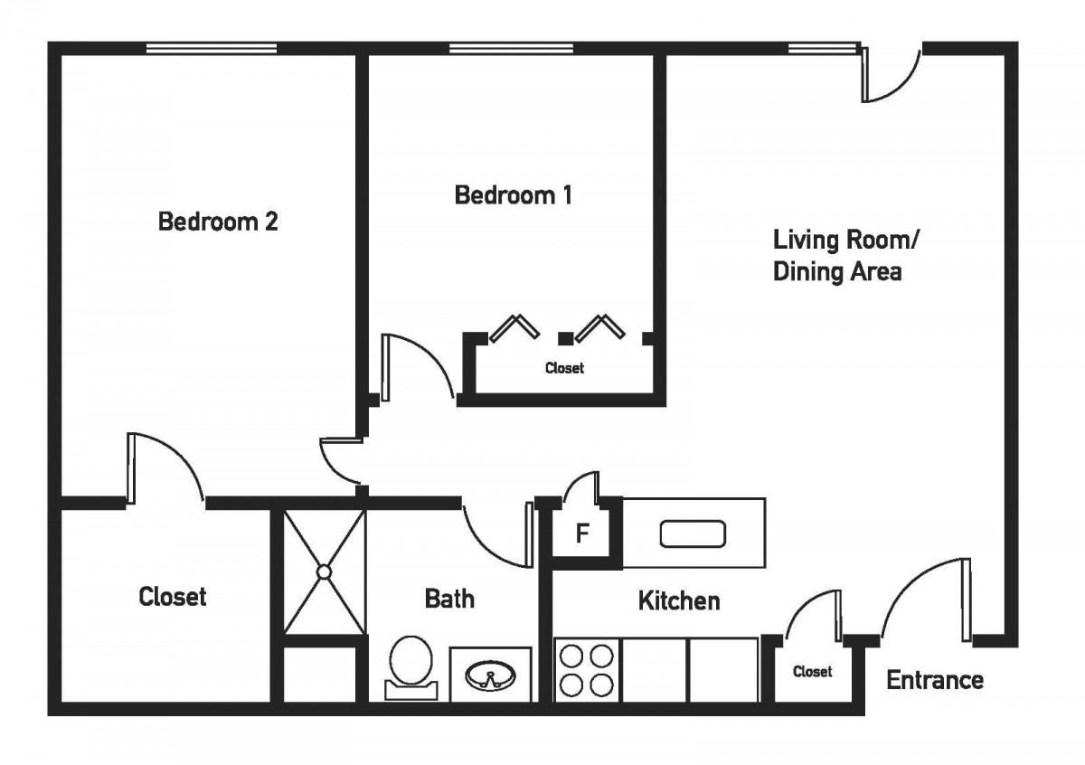A floor plan showing the layout of an apartment with two bedrooms, a kitchen, and a living/dining area.