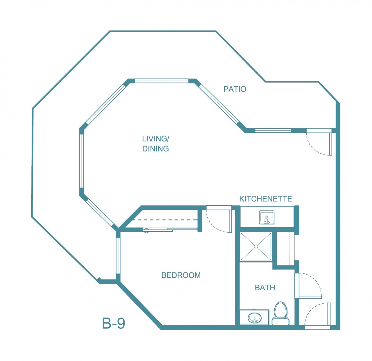 An architectural floor plan for an apartment, showing the living/dining area, bedroom, bathroom, and kitchen.