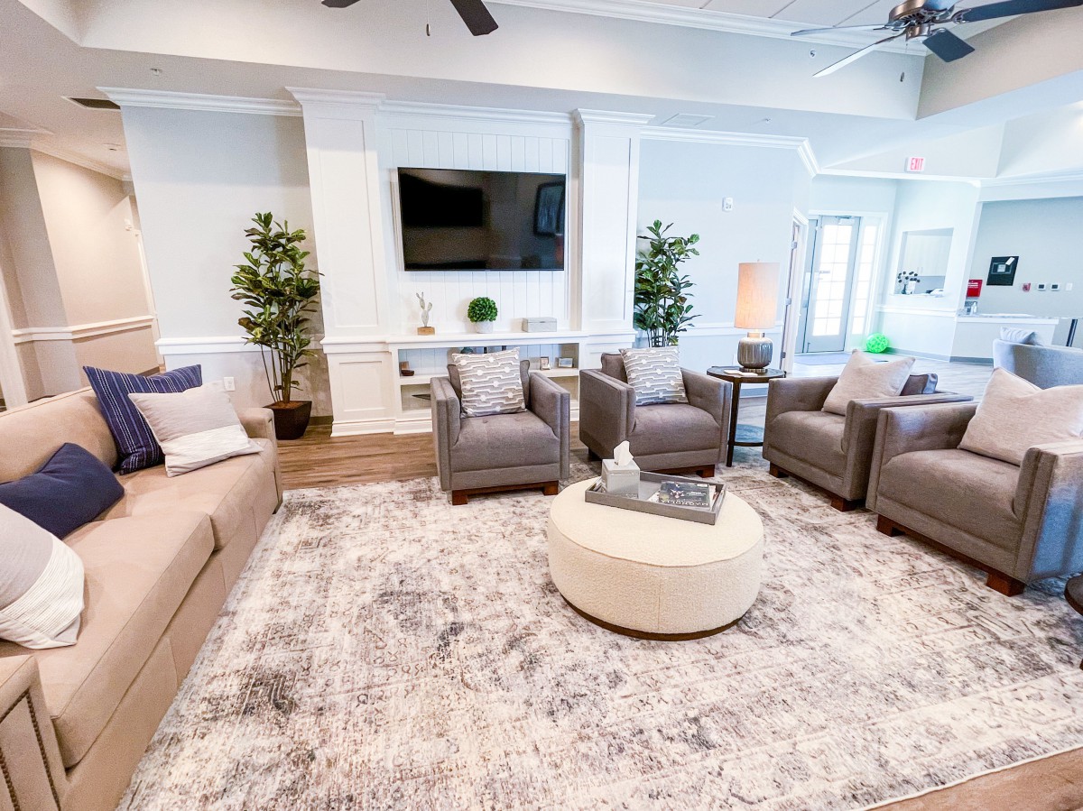 A modern living room with comfortable seating, a large rug, and decorative elements.
