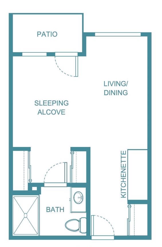 Studio apartment floor plan featuring a sleeping alcove, living/dining area, kitchenette, and bathroom.