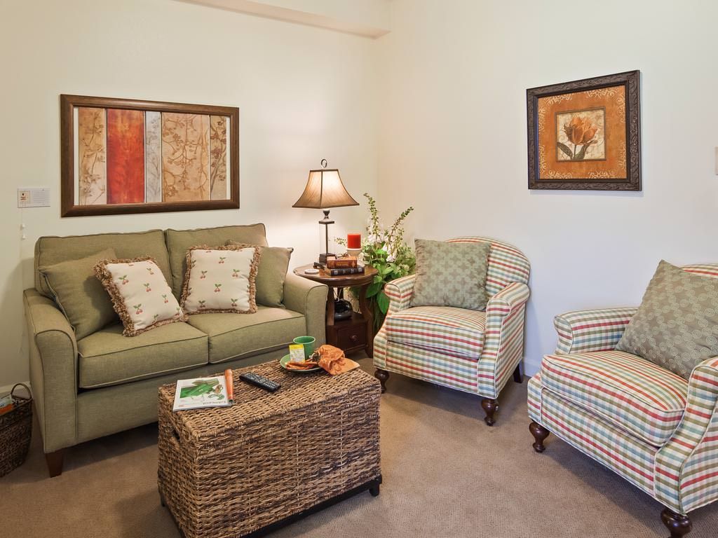 A cozy living room with a sofa, armchair, coffee table, and decorative elements.