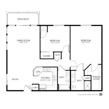 A floor plan of a 2-bedroom apartment featuring a living room, kitchen, and bathroom.