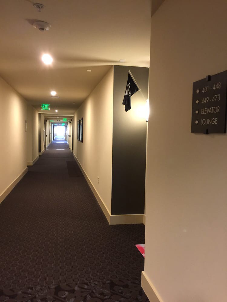 A well-lit hotel hallway with carpeted flooring and room signs along the walls.
