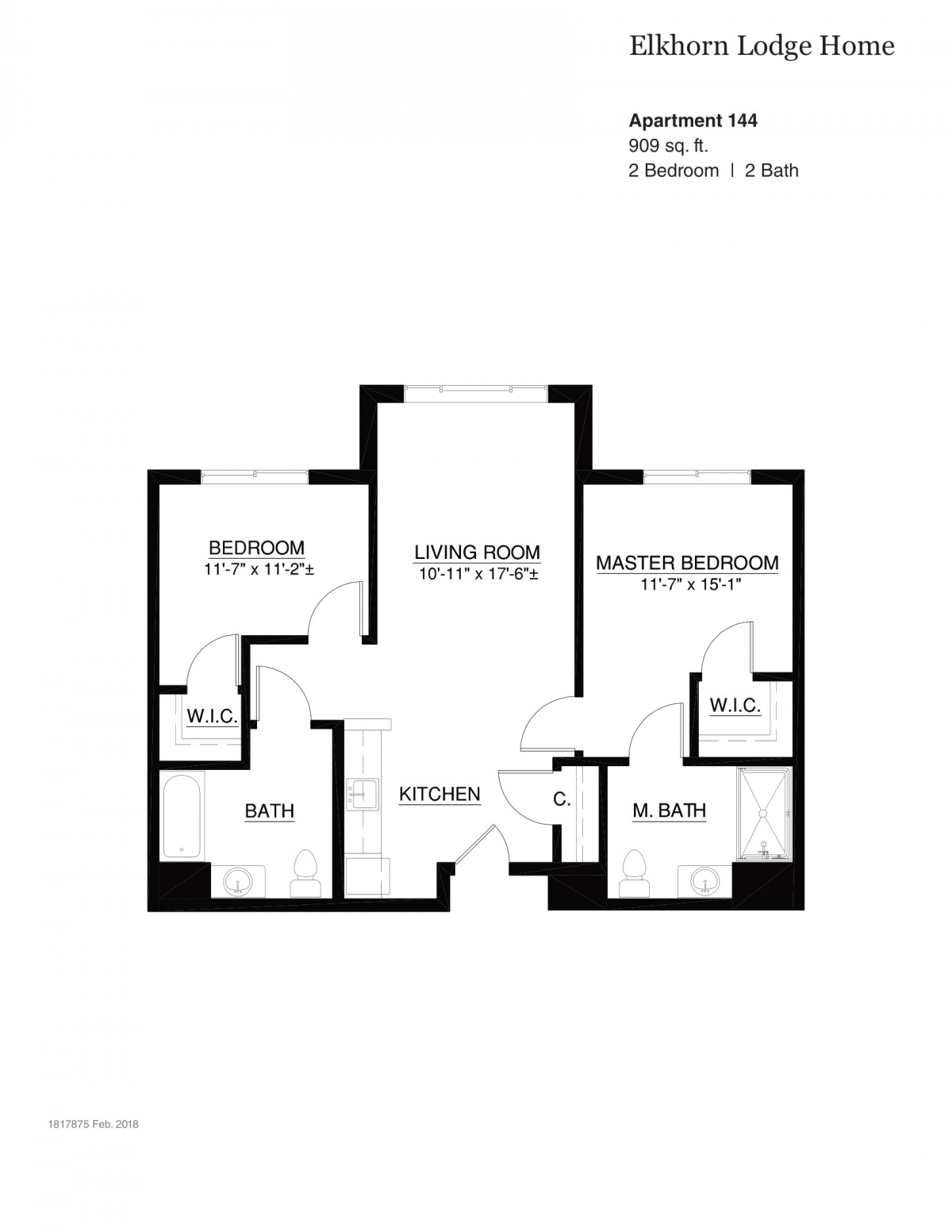 A detailed floor plan of a two-bedroom apartment with labeled rooms and dimensions.