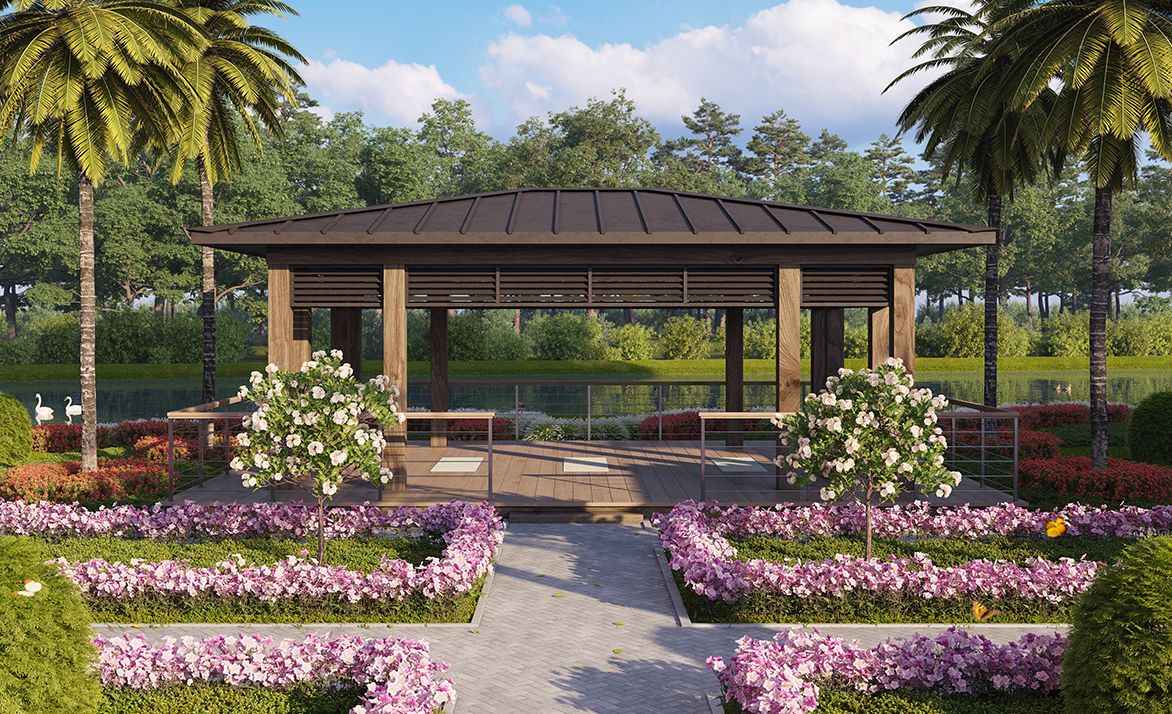 A tranquil garden scene featuring a gazebo surrounded by blooming flowers and lush greenery.