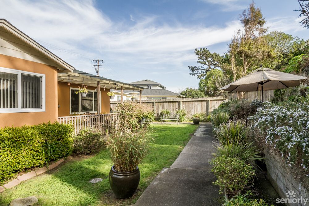 A view of a residential backyard featuring a well-maintained garden and a concrete pathway.