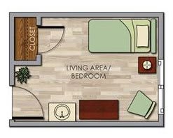 A simple studio apartment floor plan with designated living and sleeping areas.