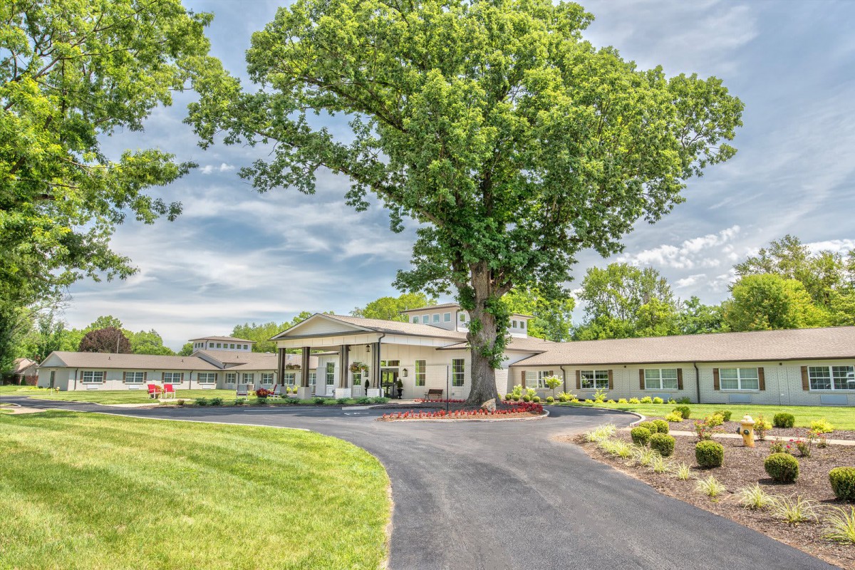 A scenic view of a building with a curved driveway and large tree in the foreground under a partly cloudy sky.