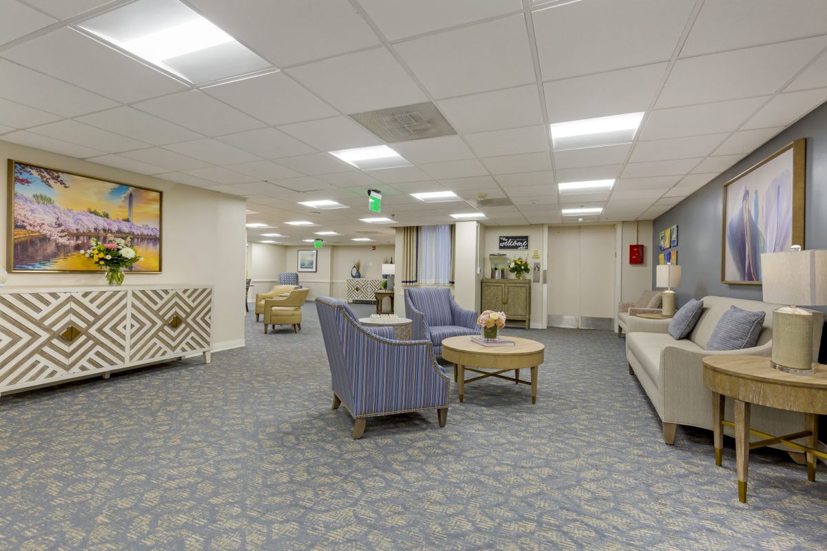 A spacious lobby area with comfortable seating and stylish decor.