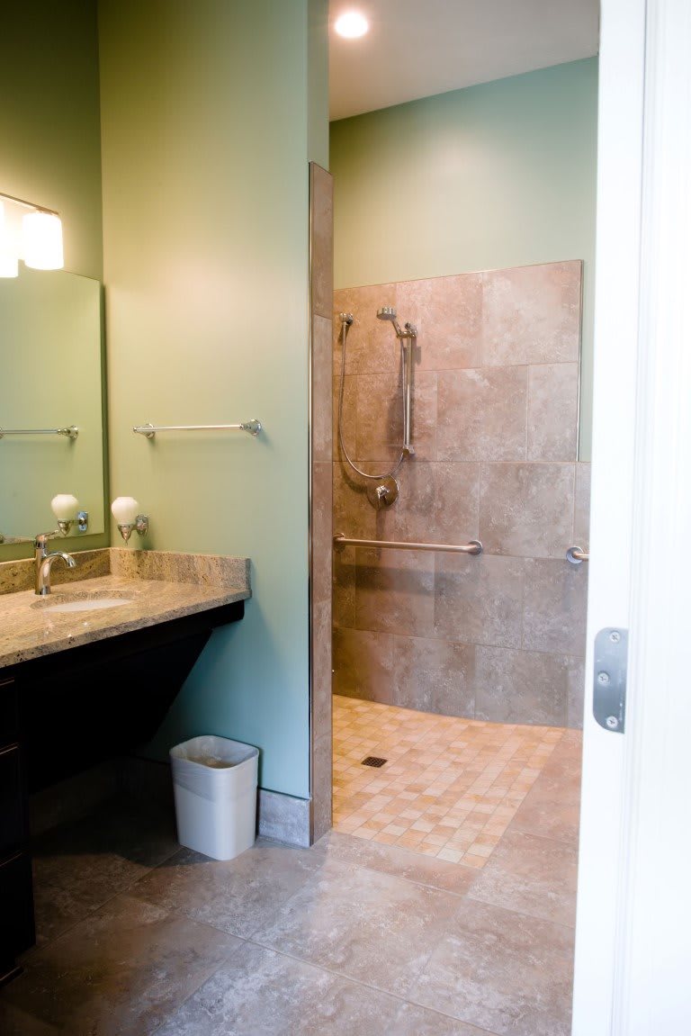 Modern accessible bathroom with an open shower and sink area.