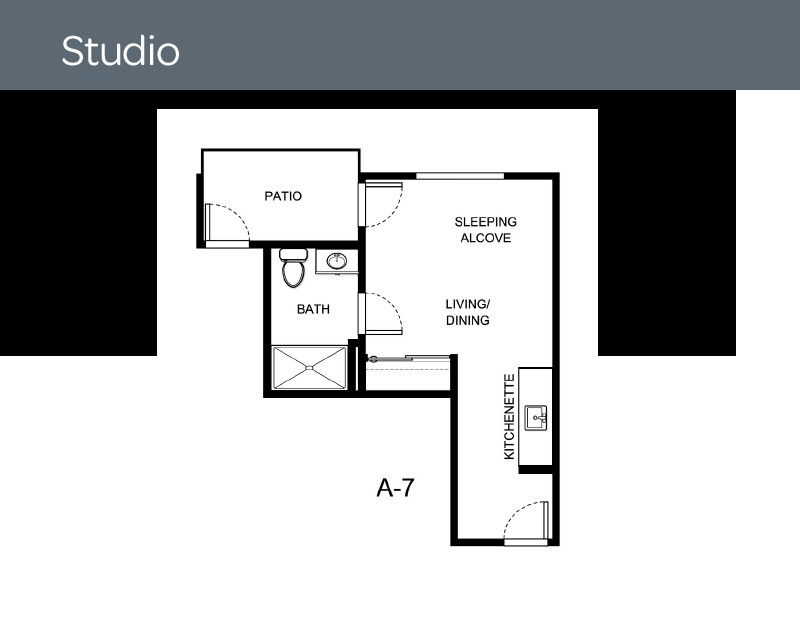 Floor plan of a studio apartment with a sleeping alcove, living/dining area, bath, and kitchen.