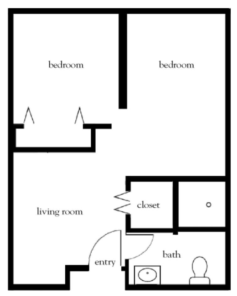A floor plan of a two-bedroom apartment including a living room, bathroom, and closet.