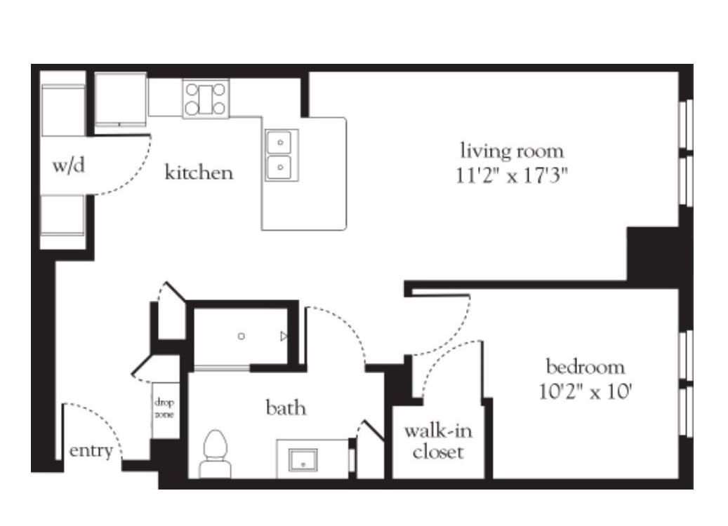 One-bedroom apartment floor plan featuring a living room, kitchen, bathroom, and walk-in closet.