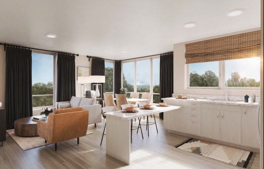 A modern, open-concept living area featuring minimalist furniture and abundant natural light.