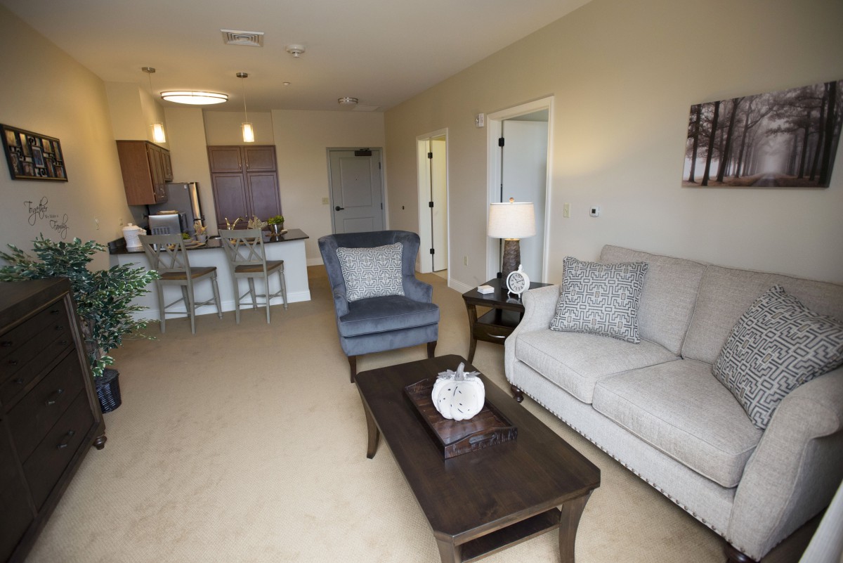 A modern living room with open layout featuring a sofa, armchair, and kitchen in the background.