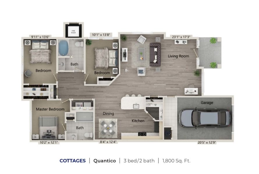 A floor plan of a home featuring one bedroom, two bathrooms, and an attached garage.