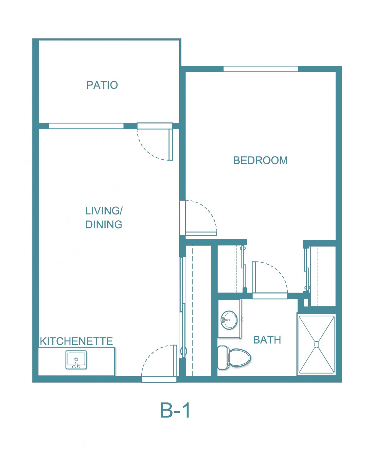 A compact floor plan showing a one-bedroom apartment with a living/dining area, kitchen, bathroom, and patio.