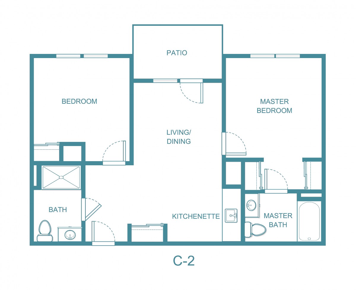 A floor plan of a two-bedroom apartment with a patio and kitchenette.