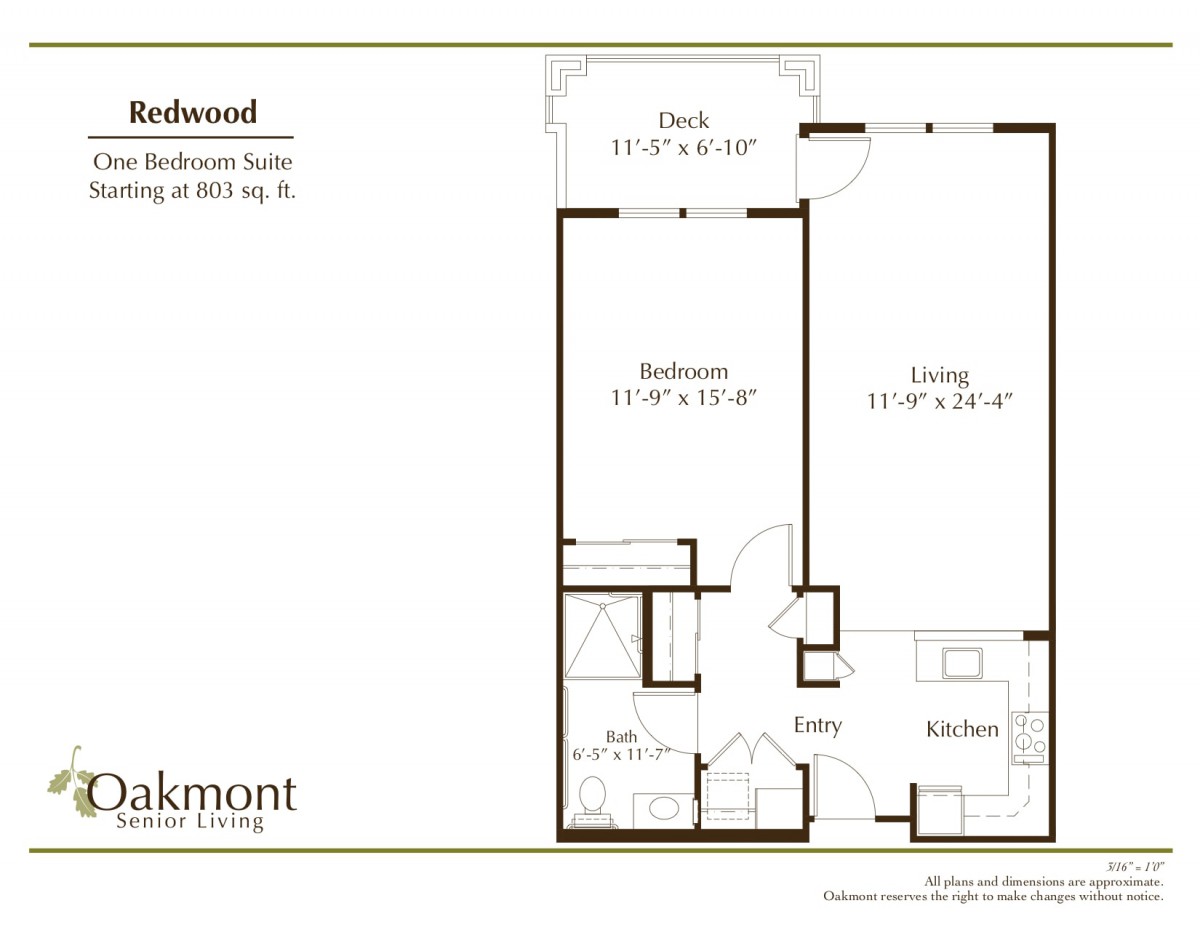 A floor plan of a one-bedroom apartment, featuring a living room, kitchen, bathroom, and deck.