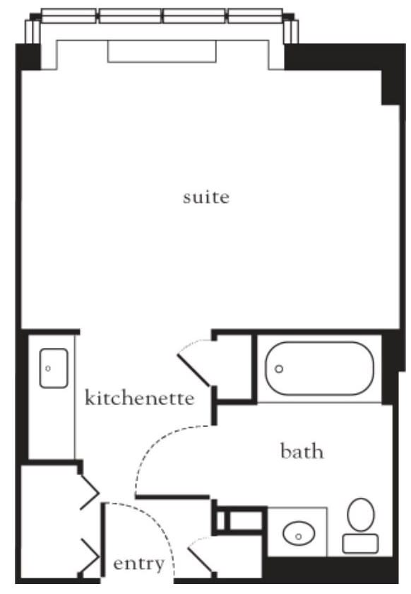 A floor plan of a studio apartment featuring a suite, kitchenette, and bathroom.