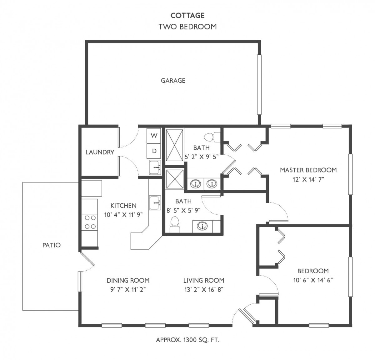 Floor plan of a one-bedroom cottage with detailed room dimensions.
