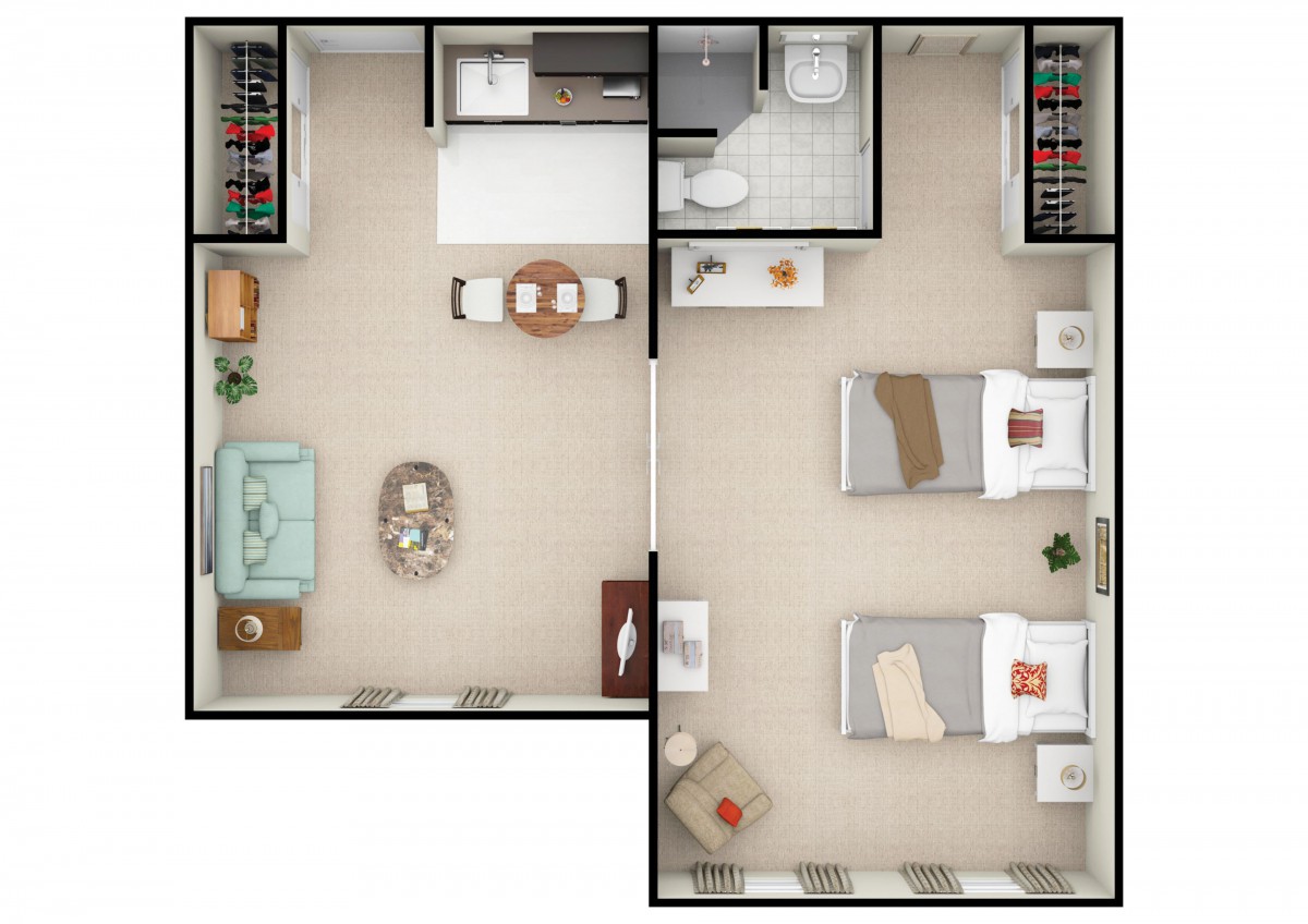 A detailed floor plan of a small apartment featuring a living room, kitchen, bathroom, and a bedroom with two beds.