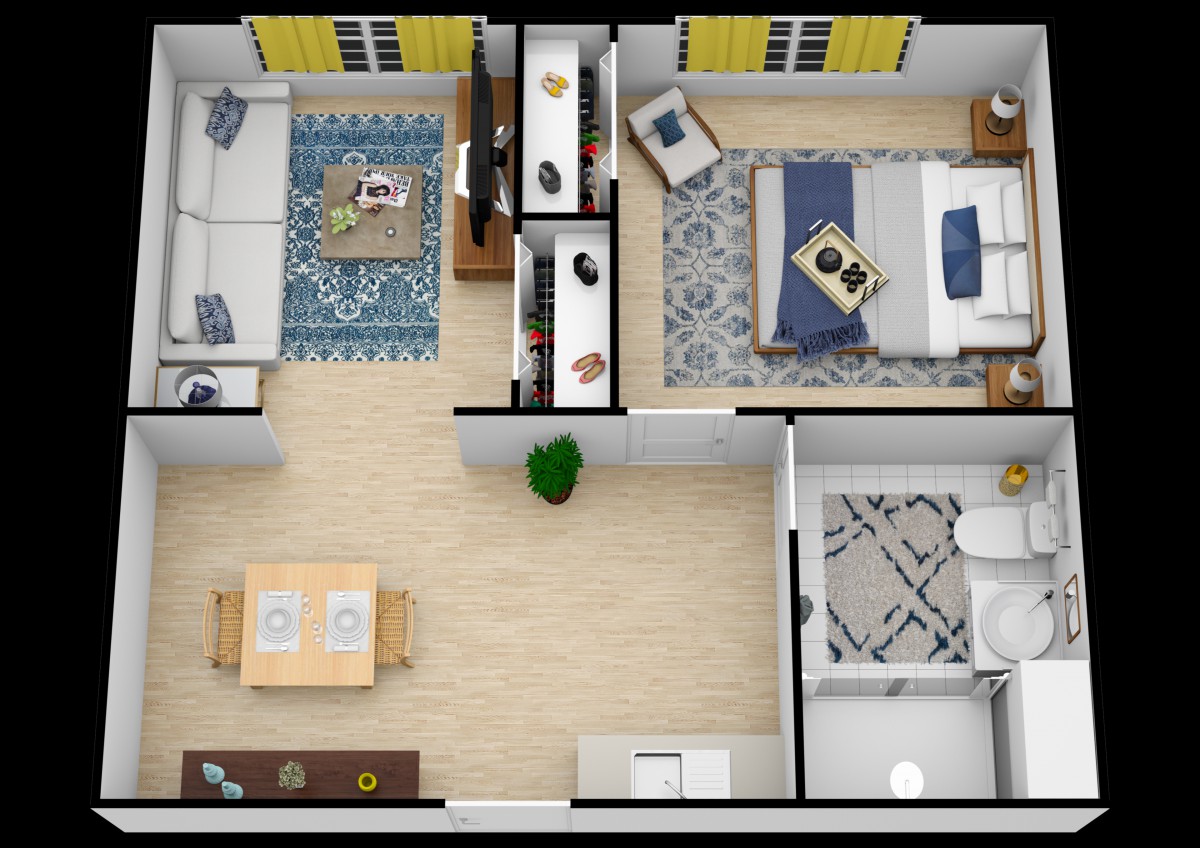 A 3D floor plan of a modern apartment featuring a living room, bedroom, kitchen, and bathroom.