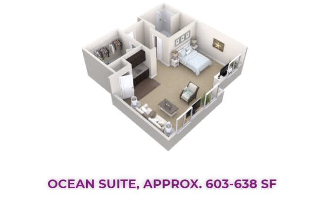 3D floor plan of an Ocean Suite apartment, approximately 603-638 square feet in size.