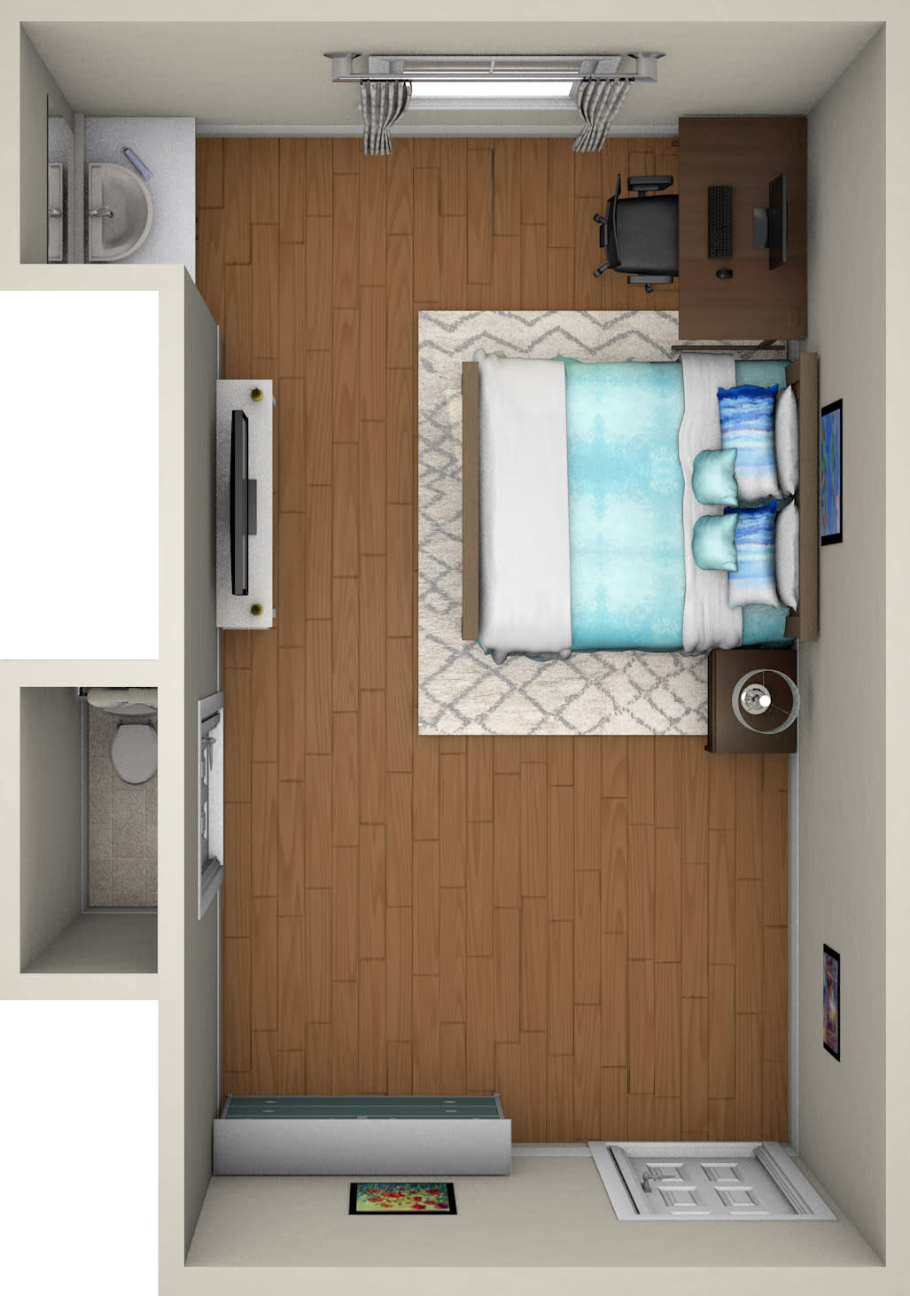 A top-view layout of a modern bedroom featuring a bed, TV, nightstands, and a rug on wooden flooring.