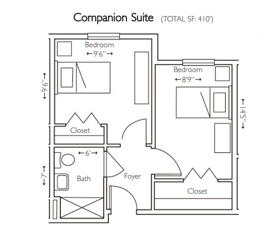 Floor plan of a companion suite with two bedrooms and a shared bathroom.