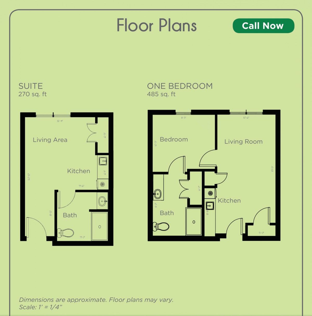 This image displays two floor plans: one for a suite and another for a one-bedroom apartment.