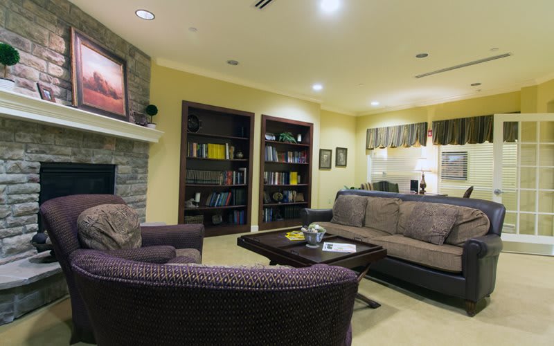 A cozy living room with comfortable seating, a fireplace, and a well-stocked bookshelf.