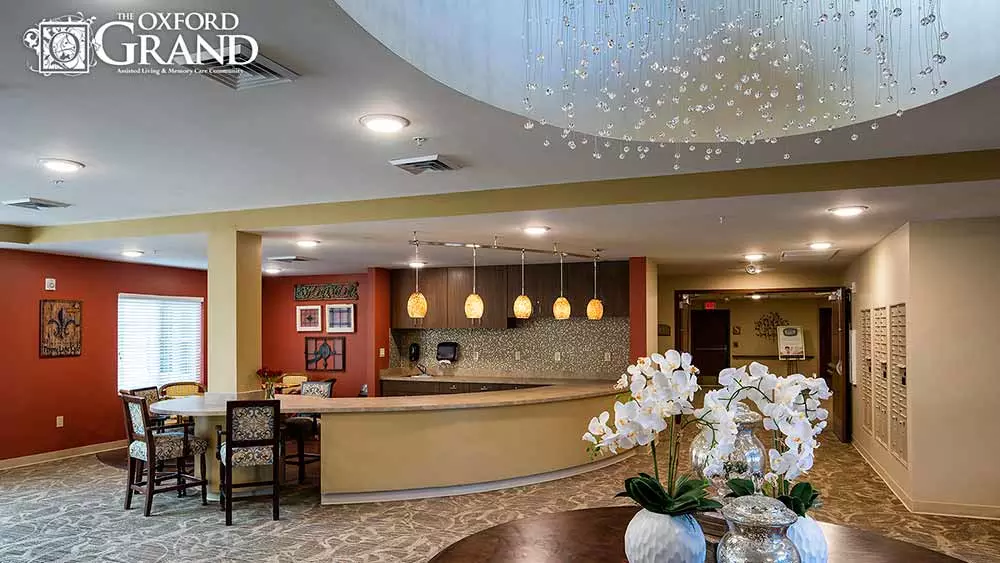 A modern reception area with elegant decor and lighting.